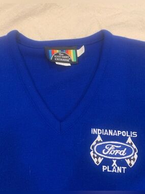 Vintage Ford V-Neck Acrylic Sweater with Indianapolis Plant Logo checkered flag
